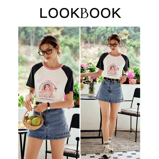 OLrain欧芮儿美式复古T恤女夏季2024年新款时尚减龄撞色印花短袖 商品图4