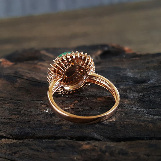 【天然正品】AU750精品玫瑰金镶钻镶天然冰种满绿蛋面翡翠（圆满、吉祥）戒指310324NJ29 商品图4