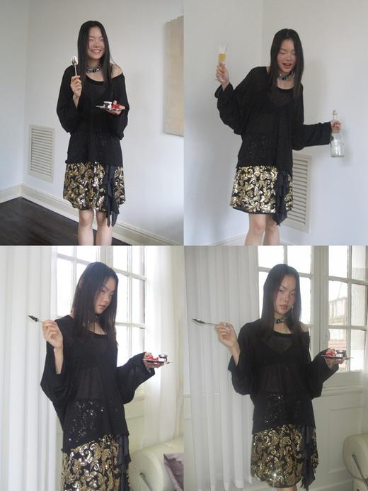 【199/2件自选福袋不退换】金色重工刺绣珠片撞色流苏荷叶边开衩半裙 商品图1