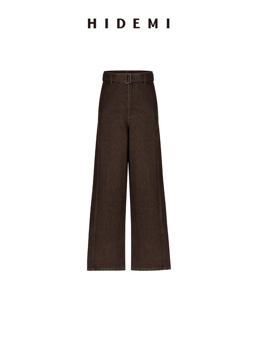 HIDEMI 极简高腰腰带式水洗做旧彩色口袋羊腿型茧型牛仔裤 商品图12