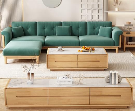 实木布艺沙发1186#原木色+绿色面料（齐） 商品图0