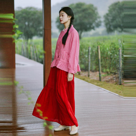 绽放169朵/法国进口粉色织亚麻下摆抽褶挖袋长袖开襟宽松休闲衬衫 商品图2