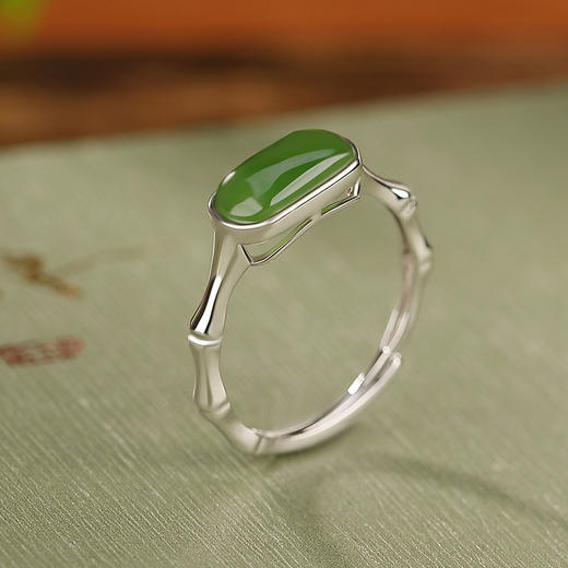 S925纯银镀金和田玉碧玉竹节椭圆戒指CW 商品图2