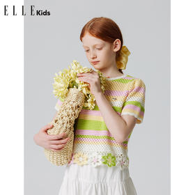 ELLEkids童装 仿手工钩针花朵腈棉圆领短袖毛衣