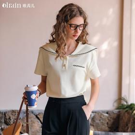 OLrain欧芮儿米白色T恤女夏季2024新款小个子时尚海军领短袖上衣