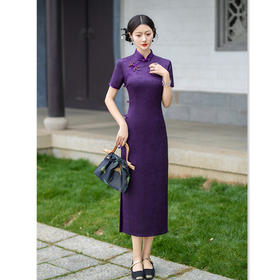 复古国风长款紫色短袖旗袍，改良中式宴会旗袍裙GX-58792