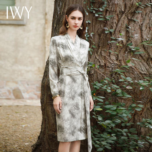 IWY/气质水墨画长袖连衣裙女春秋新中式国风长裙收腰绑带连身裙子Q1072 商品图1