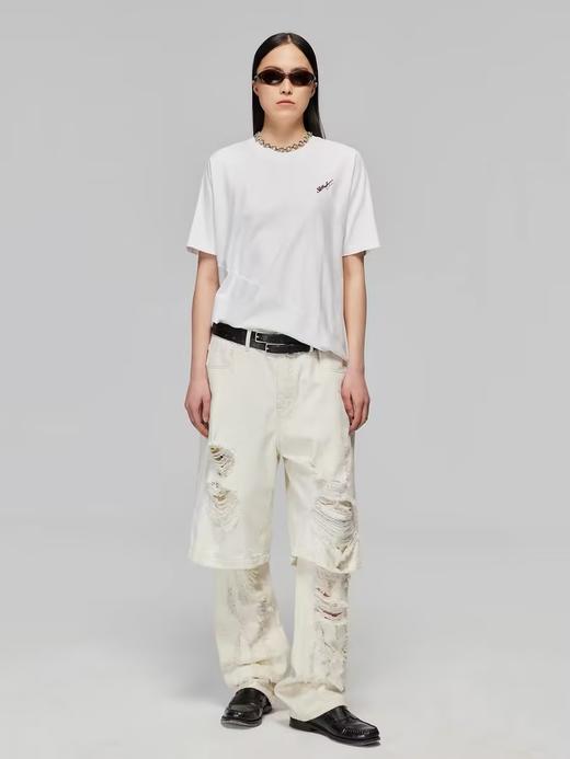 Simple Project/K24900/白色纯棉复古做旧刀割破坏阔腿牛仔短裤 商品图3