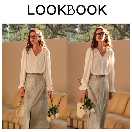 OLrain欧芮儿法式杏色雪纺衫女夏季2024年新款气质荷叶边V领衬衫 商品图4