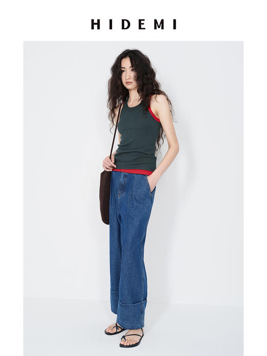 HIDEMI 极简圆领设计感针织坑条弹力工字背心 艺术灰蓝/浅米色/白色 商品图8