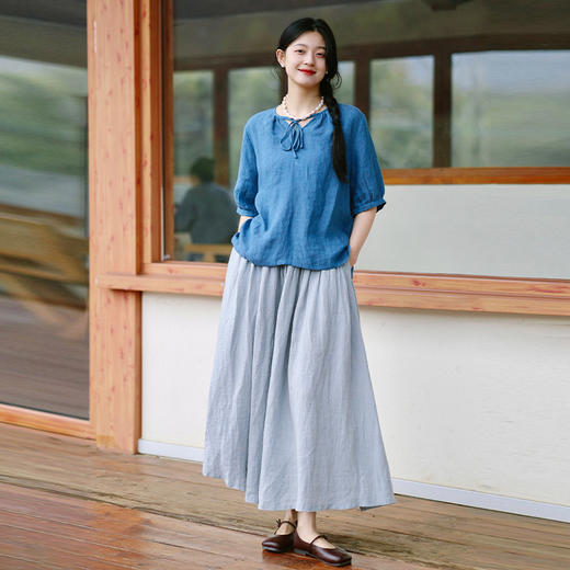 绽放193朵/法国进口酵洗色织亚麻亲肤透气短袖宽松文艺休闲衬衫 商品图3