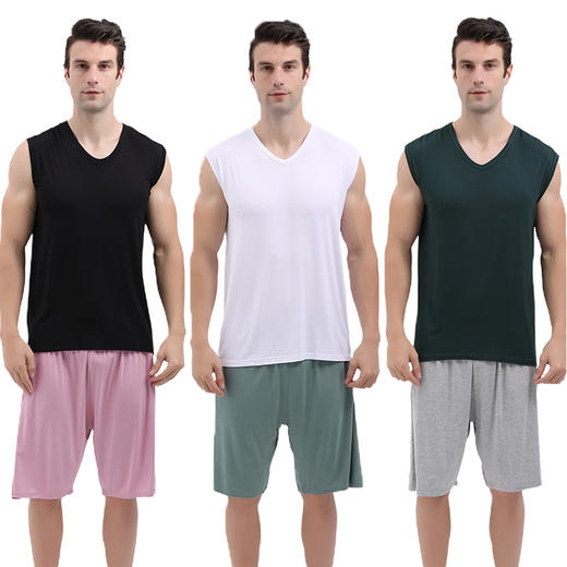 【家居服】男夏新家居休闲棉加肥大码宽松阔腿软软弹力宽肩T恤长裤家居套服睡衣 商品图0