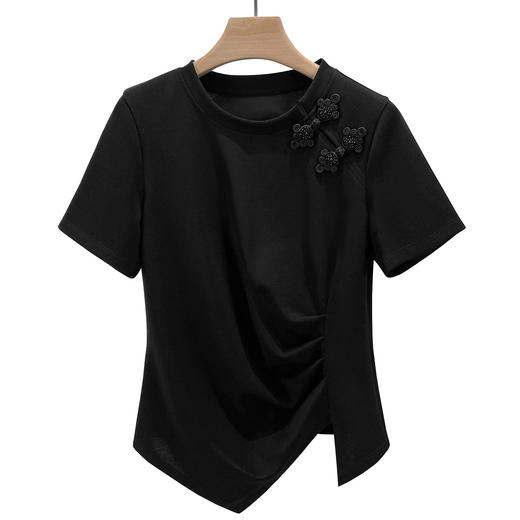 2024新款设计感黑色短袖t恤女夏季不规则新中式国风盘扣洋气上衣   JW-R6586 商品图4