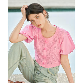 甜美度假风轻薄清凉设计感拼接衬衣女夏季泡泡袖衬衫V1441228