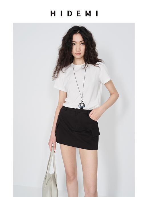 HIDEMI 极简小圆领水洗棉针织自然透气感短款短袖t恤 军绿色/黑色/白色/燕麦色 商品图1