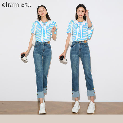 OLrain欧芮儿蓝色直筒牛仔裤女夏季2024年新款高腰阔腿显瘦长裤 商品图0