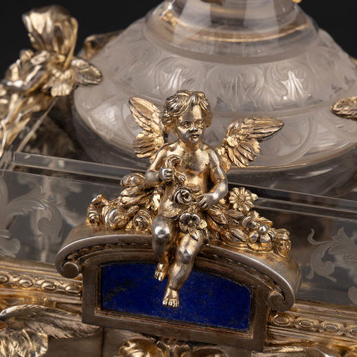 【已售】独角鹿西洋古董1880年代欧洲出品古希腊神话主题精雕银镀金托架镶嵌青金石及蚀刻水晶糖罐/餐桌摆件 商品图1