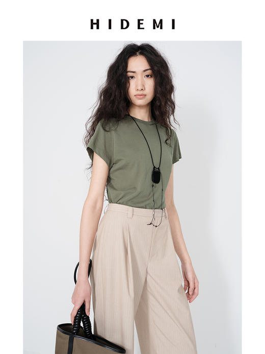 HIDEMI 极简小圆领水洗棉针织自然透气感短款短袖t恤 军绿色/黑色/白色/燕麦色 商品图7