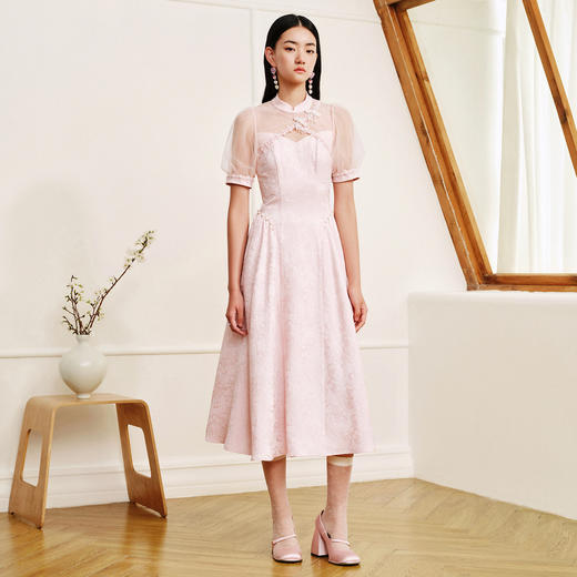 国风新中式复古感连衣裙夏日温柔感盘扣提花 商品图0