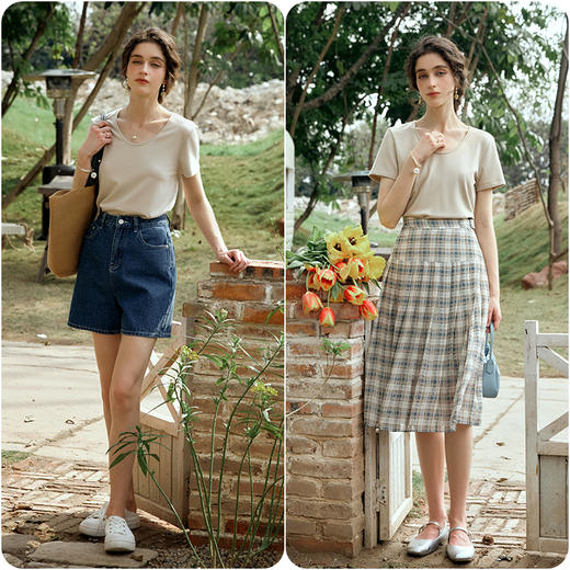 OLrain欧芮儿香草色短袖T恤女夏季2024新款时尚宽松正肩圆领上衣 商品图2