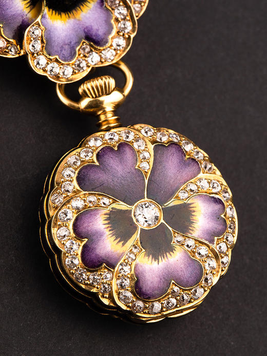 独角鹿西洋古董1900年代美国出品Thomas Kirkpatrick设计18K黄金镶嵌钻石三色堇主题珐琅怀表胸针 商品图2