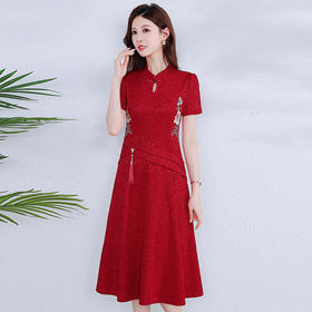 QYM-24KK59红色刺锈连衣裙夏季短袖裙复古旗袍裙中长款婚宴礼服裙