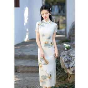 仿醋酸长款短袖旗袍，复古国风中式旗袍GX-801064