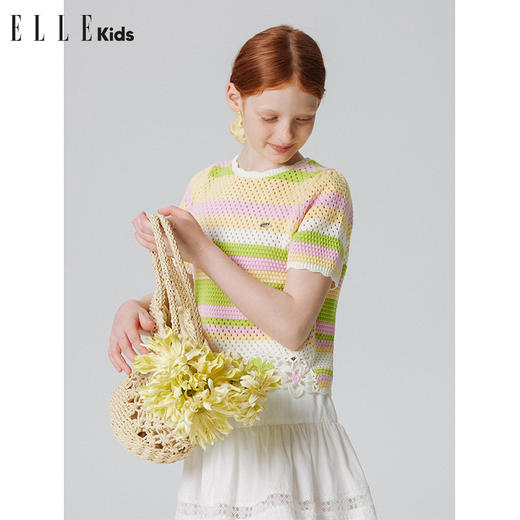 ELLEkids童装 仿手工钩针花朵腈棉圆领短袖毛衣 商品图2