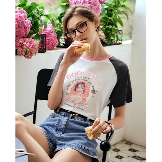 OLrain欧芮儿美式复古T恤女夏季2024年新款时尚减龄撞色印花短袖 商品图1