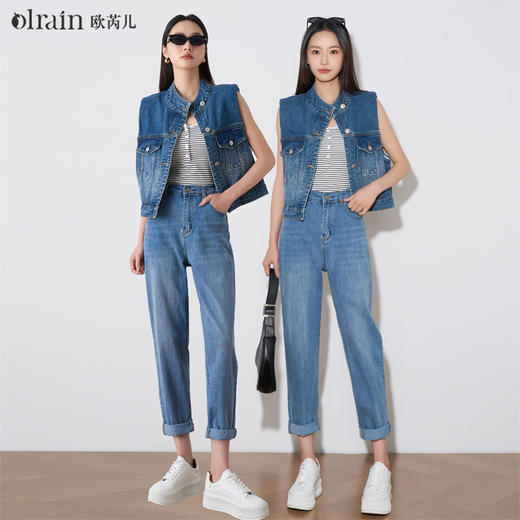 OLrain欧芮儿蓝色牛仔裤女夏季2024年新款高腰通勤阔腿显瘦长裤 商品图0
