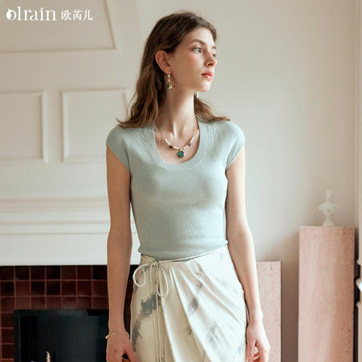 OLrain欧芮儿U型领针织衫女夏季2024年新款纯色小盖袖套头上衣 商品图0