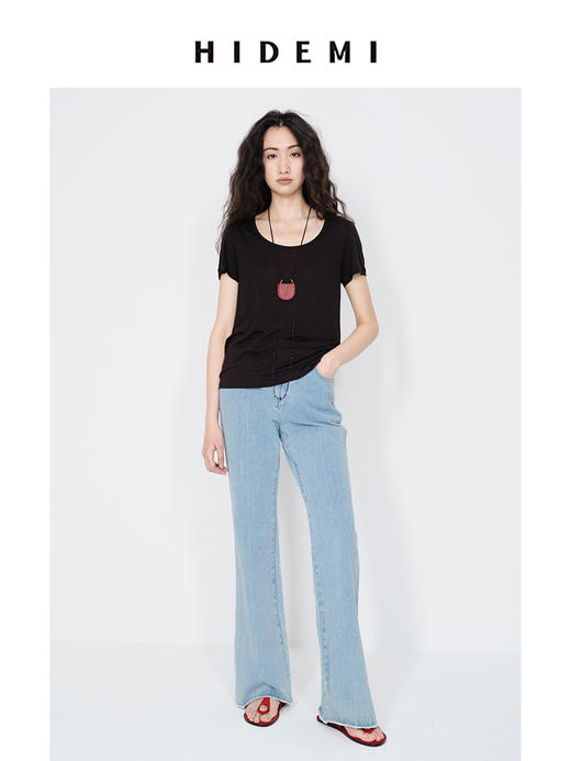 HIDEMI 经典牛仔系列水洗做旧感滚边水洗蓝微喇牛仔裤 商品图3