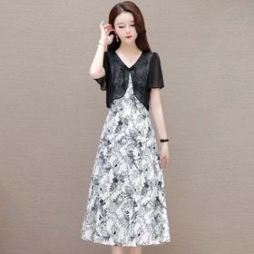 时尚假两件连衣裙，印花短袖拼时尚高腰A字裙QYM- LRX-JF2436-Y