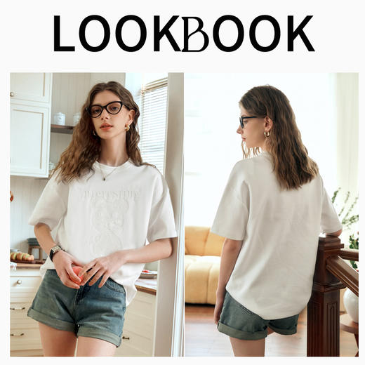 欧芮儿宽松白色短袖T恤女夏2024新款休闲落肩气质钉珠上衣高级感 商品图4