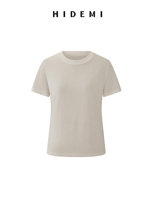 HIDEMI 极简小圆领水洗棉针织自然透气感短款短袖t恤 军绿色/黑色/白色/燕麦色 商品图11