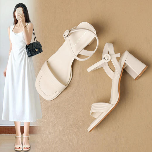 ZHR则则一字带粗跟凉鞋女2024夏季新款休闲百搭时装凉鞋通勤单鞋 商品图0
