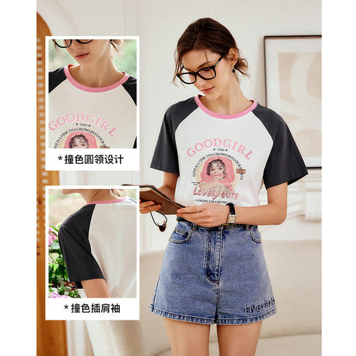 OLrain欧芮儿美式复古T恤女夏季2024年新款时尚减龄撞色印花短袖 商品图3