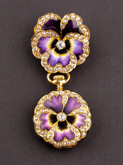 独角鹿西洋古董1900年代美国出品Thomas Kirkpatrick设计18K黄金镶嵌钻石三色堇主题珐琅怀表胸针 商品图0
