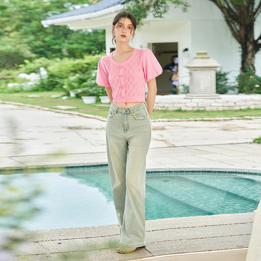 甜美度假风轻薄清凉设计感拼接衬衣女夏季泡泡袖衬衫V1441228 商品图1