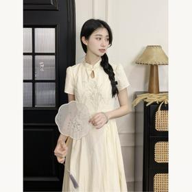 鹿向南  新中式重工刺绣短袖连衣裙女2024夏季中长裙