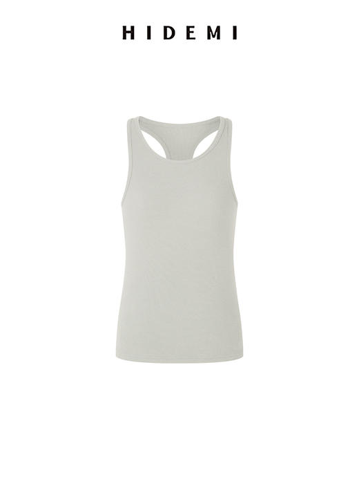 HIDEMI 极简圆领设计感针织坑条弹力工字背心 艺术灰蓝/浅米色/白色 商品图11