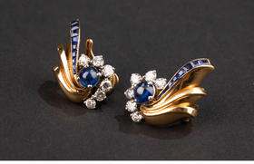 独角鹿西洋古董1940年代法国出品18K黄金铂金镶嵌钻石及蓝宝石耳夹一对