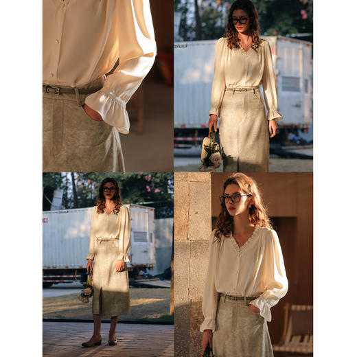 OLrain欧芮儿法式杏色雪纺衫女夏季2024年新款气质荷叶边V领衬衫 商品图1