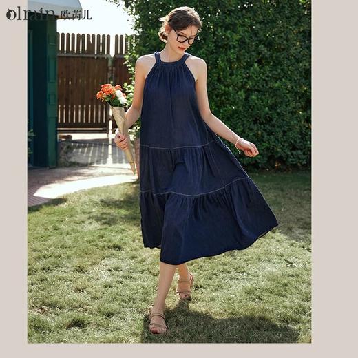 OLrain欧芮儿法式挂脖连衣裙女夏季2024年新款慵懒宽松复古牛仔裙 商品图0