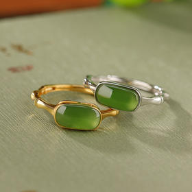 S925纯银镀金和田玉碧玉竹节椭圆戒指CW