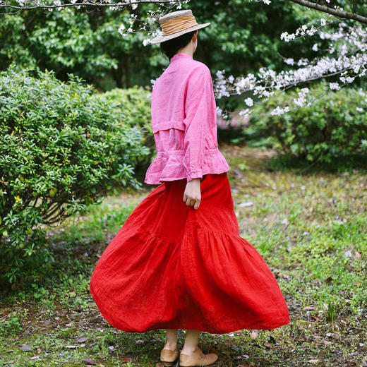 绽放169朵/法国进口粉色织亚麻下摆抽褶挖袋长袖开襟宽松休闲衬衫 商品图3