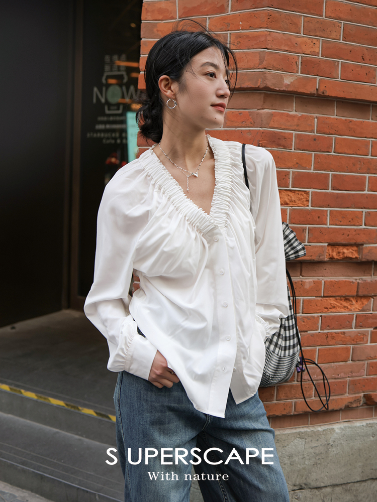 素舶 微孔纱双重凉感面料重工法式抽褶V领设计感宽松衬衫