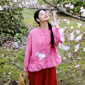 绽放169朵/法国进口粉色织亚麻下摆抽褶挖袋长袖开襟宽松休闲衬衫
