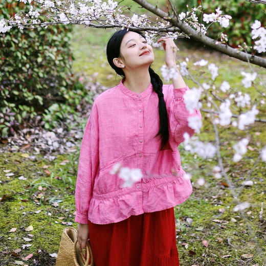 绽放169朵/法国进口粉色织亚麻下摆抽褶挖袋长袖开襟宽松休闲衬衫 商品图0