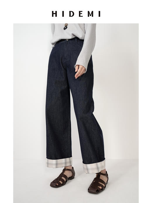HIDEMI 复古牛仔蓝阔腿格纹拼接卷边牛仔裤 商品图8